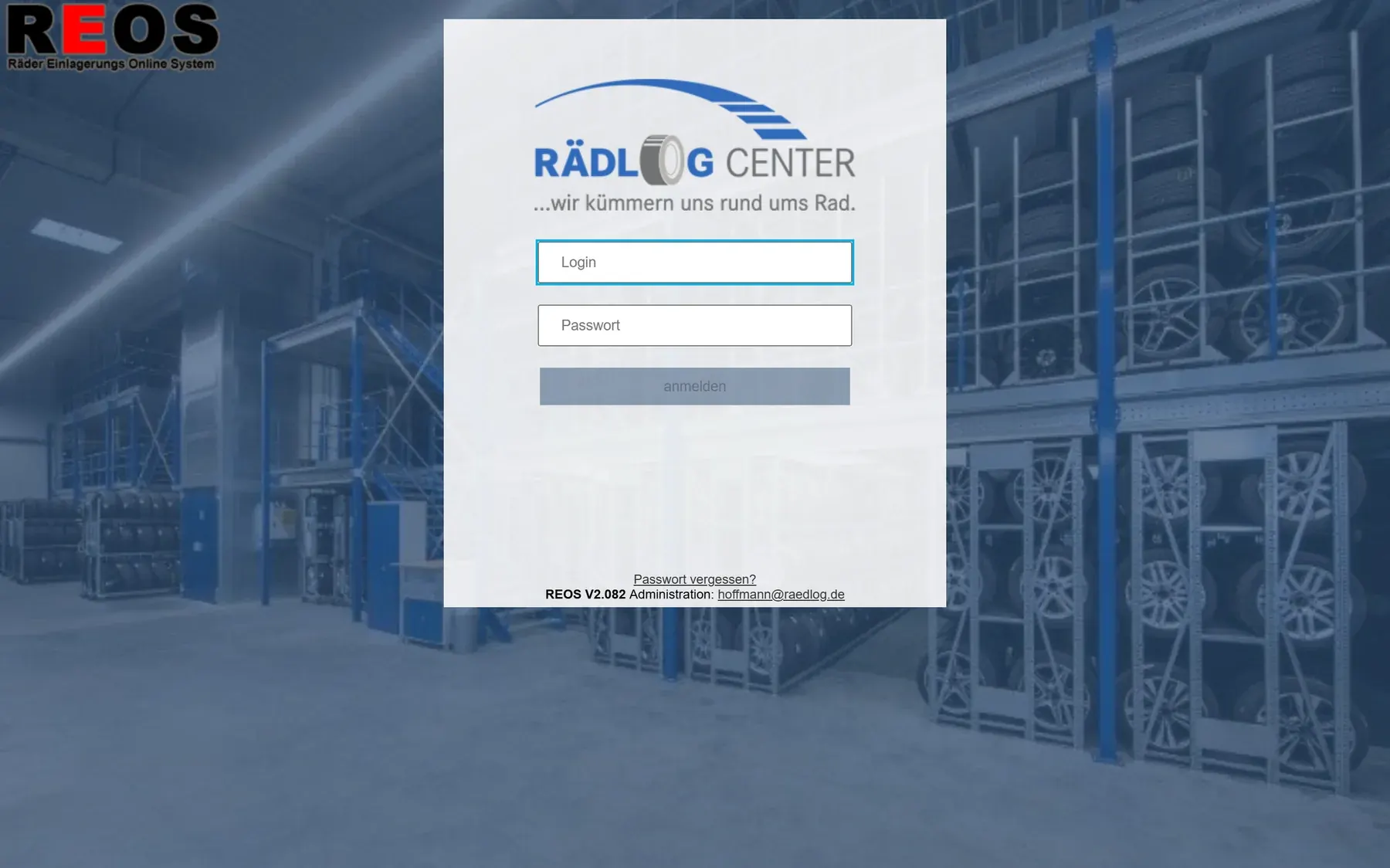 REOS Screenshot: Login — Login unter reos.raedlog.de mit Benutzername und Passwort